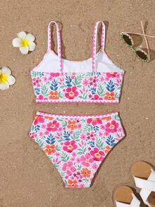 Tween Girls' Ditsy Floral Shoulder Strap Ruffle Trim Tankini Swimwear Set - Hot Pink - View 2