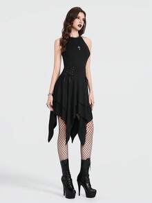 Breakform Chân váy ngắn nữ phong cách Gothic Retro cạp cao màu trơn, chất liệu vải dệt kim, vạt bất đối xứng, eo chun co giãn, có dây rút trang trí, thích hợp cho tiệc tùng, dạo phố, lễ hội, câu lạc bộ. - màu đen - Xem 3