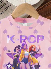 Young Girl Letter & Kpop Graphic Round Neck Short Sleeve Casual T-Shirt - Multicolor - View 4