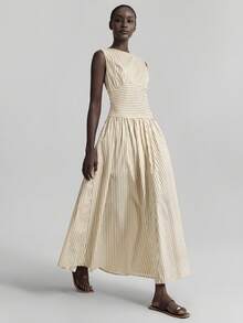 Ontre 2026春夏新款女士条纹拼接优雅圆领无袖收腰褶裥休闲连衣裙，适合日常穿着、复活节、夏季、休闲、长款、节日、婚礼等场合。 - 杏色 - 查看 5