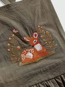 ROMWE Fairycore Váy yếm cỡ lớn kiểu dáng Cottagecore thêu hình hươu cổ điển - màu xanh lá - Xem 2