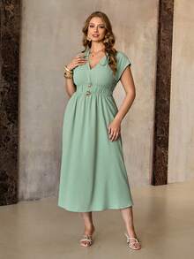 Roveilla 大码女式V领落肩袖腰部抽绳金属扣装饰A字长裙，优雅法式复古通勤商务休闲海滩度假街头风简约百搭，适合冬季、春夏、下午茶、派对、情人节、婚礼等场合。 - 綠色 - 查看 4