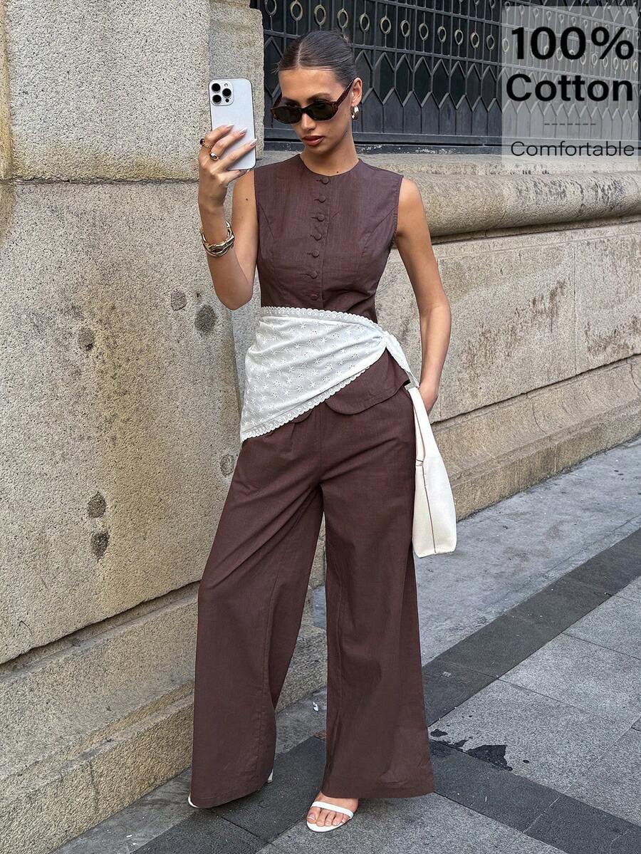 Siren Gaze Damen 3-teiliges Set, mit besticktem Dreieckstuch, ärmellosem Knopfoberteil und weiter Hose, 2-teiliges bequemes Outfit, 3-teiliges Set mit ärmellosem Top und weiter Hose für Damen in Braun, 3-teiliges Set mit weiter Hose für Damen, Hosen- und Oberteil-Set, lässiges 3-teiliges Set - Braun - Übersicht 1