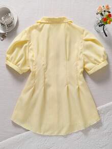 SHEIN Vintaside Kids 条纹前开襟短袖休闲衬衫，灯笼袖，腰部蝴蝶结褶裥A字版型，修身显瘦，适合通勤、度假休闲等场合，夏季穿着。 - 黃色 - 查看 2