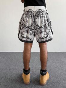 PAVTROS Manfinity Streetrush Men's Shorts One-Piece Set, Elastic Waist, High Tolerance, High Waist And Short Version, Super Shorts, Glossy Fabric With "Black And White Dragon And Tiger" Pattern, Thai Boxer Shorts, Sports Casual Basketball Shorts, Side Slits, Hot On Ins, Young Casual Sports Daily Commuting And Vacation Wear, The First Choice For Gifts For Boyfriends And Husbands, Couples Wear - White - View 4