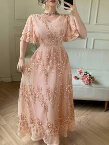 Wynsel 女士优雅亮片V领荷叶边连衣裙，夏季婚礼宾客礼服 - 粉色 - 查看 9