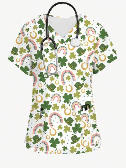 PopScrub 白色护士服上衣，饰有三叶草、彩虹和帽子卡通印花，V领短袖工作服衬衫，时尚女式护士服，适合度假和日常穿着，春夏款