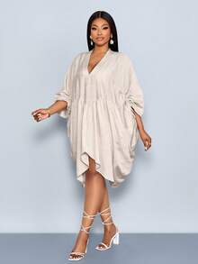 SOLERSUN Nouvelle arrivée printemps/été grande taille, tissu similaire au lin, peau-friendly et respirant, col V, col montant, manches chauve-souris, design taille haute avec cordon de serrage, robe courte plissée en forme de cocon fendu. Convient pour les dîners, les rendez-vous, les soirées cocktail, les fêtes de remise des diplômes, la Saint-Valentin, la saison des mariages, les tenues d'invités, les vacances décontractées élégantes, le carnaval, les festivals de musique, vêtements féminins sexy et . - Nude - Voir 6