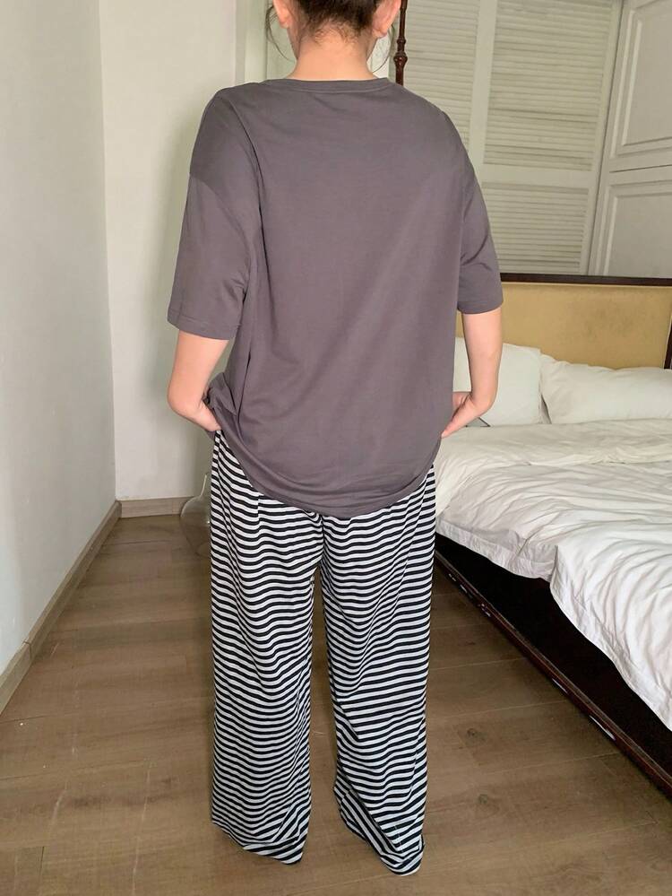 Dazy Plus Plus Size Women's Round Neck Dog Letter Print Short Sleeve Top And Wide Leg Pants Casual Loungewear Set