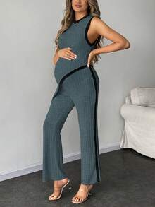 SHEIN Maternity Summer Casual Contrast Trim Asymmetric Hem Ribbed Tank Top And Pants 2 Pieces Set - Dusty Blue - View 6