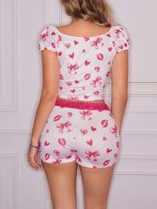 SweetSlumber Sweet Ins Style Bow & Heart Pattern Contrast Color Lace Hollow Women Pajama Set - Multicolor - View 2