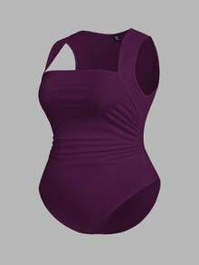 SHEIN Essnce Plus Size Women's Summer Casual Tight Tank Bodysuit, Summer , Curve , Brunch Outfit - Purple - View 3