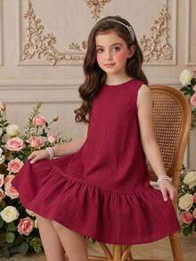 SHEIN Tween Girl Elegant Ruffle Hem Sleeveless Round Neck Dress - Burgundy - View 6