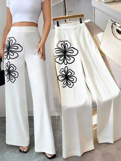 SHEIN Elenzya 1 pieza Pantalones anchos de cintura elástica con estampado floral grande y efecto felpa en unicolor para mujer, atractivos y elegantes para uso diario, vacaciones, viajes, citas de moda, estilo callejero francés, versátil y retro, para primavera/verano, color albaricoque