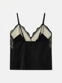 lacRébo Lace Deep V Neckline Cami With Straps Spring Summer Vacation French Style Parisian Style Black Lace Top Cami Tops Black Summer Top Black Satin Top - Black - View 8