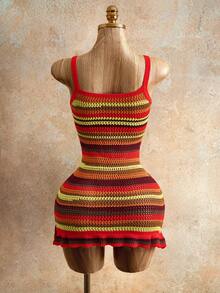 Mistrie Women's Sleeveless Striped Knit Dress, Short Fitted Frill Trim Summer Beach Vacation Dress - Multicolor - View 2