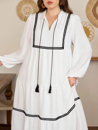 Modelyn White Lace Patchwork Tassel Tie Elegant Plus Size Dress, Suitable For Dates White Boho Dress Long Sleeve Summer Dress Tassel Dress