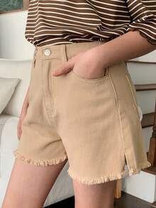 DAZY Tween Girls Frayed Hem Denim Shorts - Khaki - View 1