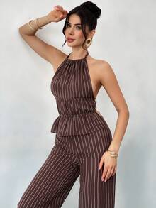 Firerie Bộ đồ 2 mảnh màu nâu dành cho nữ, thanh lịch, thường ngày, gợi cảm, thích hợp cho kỳ nghỉ, lễ hội âm nhạc, tiệc tùng. Bộ gồm áo hai dây buộc cổ sau lưng kẻ sọc và quần dài cạp cao. - màu nâu - Xem 6
