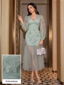 Modelyn تنورة نسائية أنيقة بخط A مع رقعات زهور ثلاثية الأبعاد وفراشات وشبكة بلون أخضر طازج - أخضر - مشاهدة 11