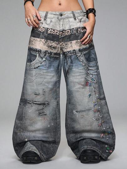 ROMWE Grunge Punk Y2K Punk Street Distressed Tie-Dye Multi-Waist Full Print Design Loose Wide Leg Jeans, Plus Size Denim Pants