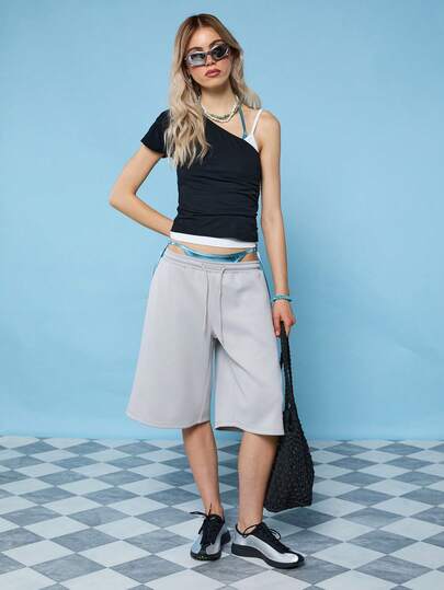 COUREZ Low Rise Basketball Longline Shorts /Y2K Summer Clothes For Women Cute Grey Shorts Beach Outfits Holiday Outfits Swimwear Summer Vacation Going Out Outfits