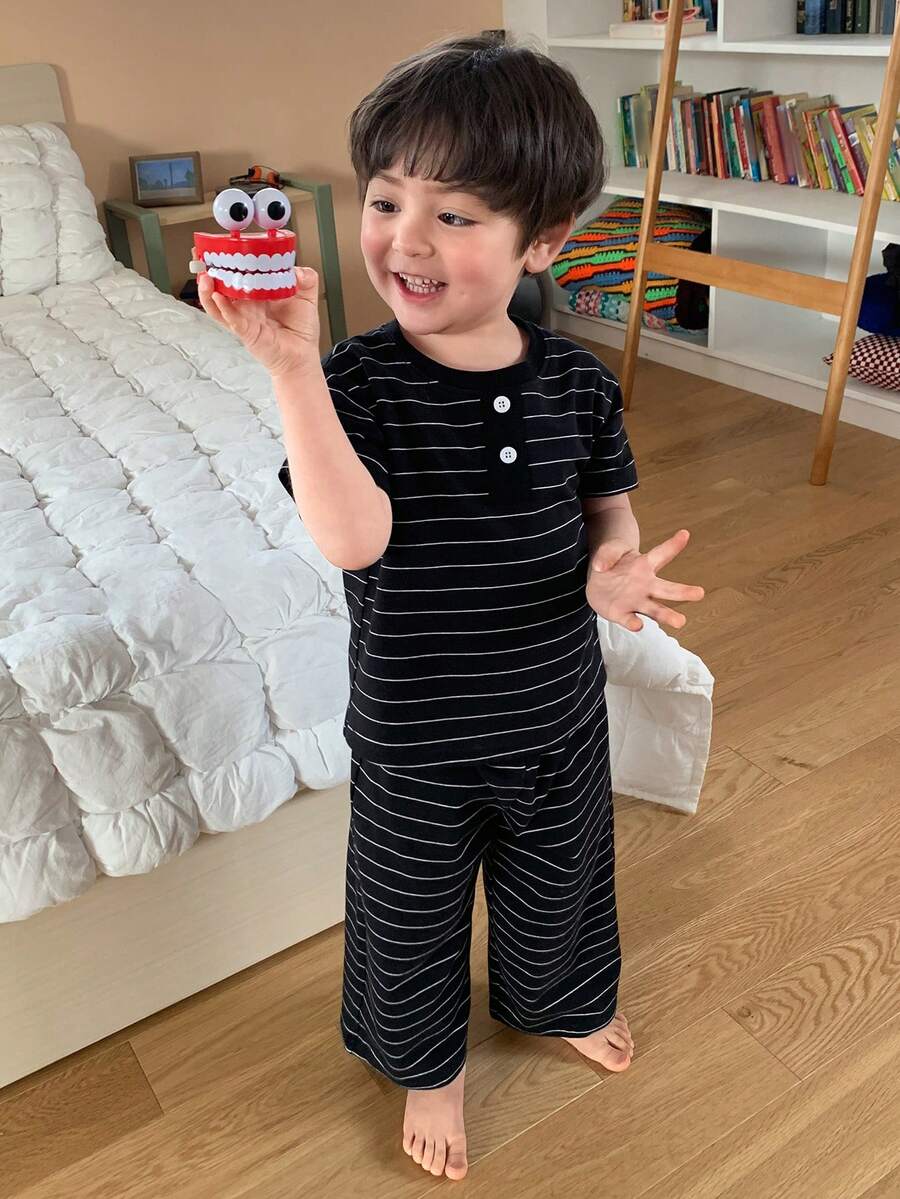 DAZY Ropa de estar en casa cómoda con cuello redondo y rayas para niños pequeños - Negro - Ver 1