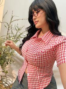 CovetEZ 大码女式格子短袖单排扣休闲衬衫 - 紅色 - 查看 10