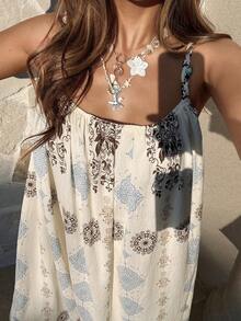 Livesso 女士宽松吊带中长连衣裙，度假款 - 杏色 - 查看 4