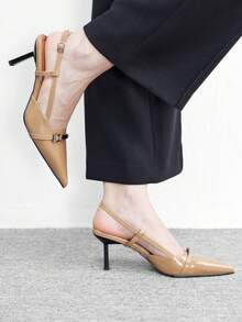 CUCCOO BIZCHIC Zapatos de mujer con tacón alto y sin respaldo, de cuero lacado de alta gama francés - Color del té con leche - Ver 4