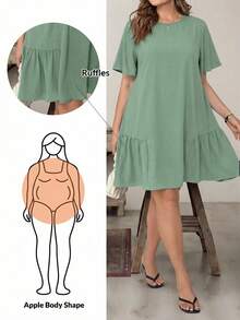 SHEIN Essnce 大码女装春夏时尚休闲宽松舒适清爽日常基础款短袖黑色连衣裙，复古风格，适合女士教堂穿着、教师装、外出穿着、度假穿着 - 薄荷綠 - 查看 1