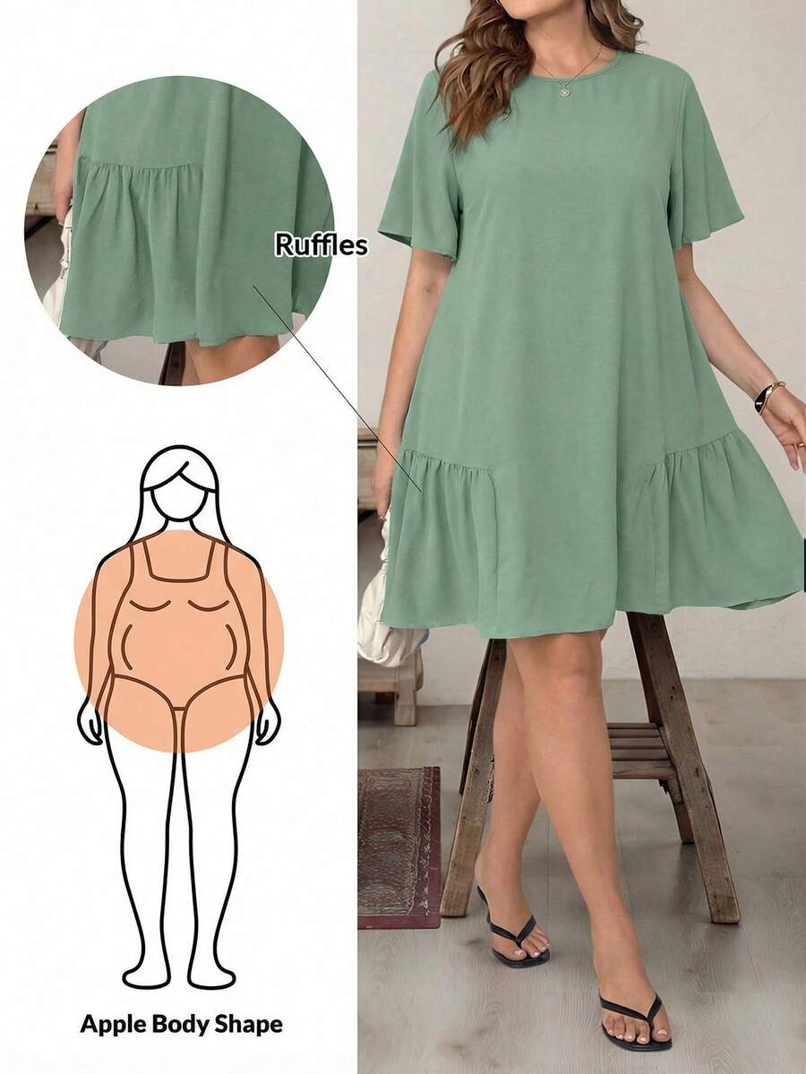 SHEIN Essnce 大码女装春夏时尚休闲宽松舒适清爽日常基础款短袖黑色连衣裙，复古风格，适合女士教堂穿着、教师装、外出穿着、度假穿着 - 薄荷綠 - 查看 1