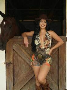 SHEIN SXY Women's Sexy Vacation Snake Skin & Floral Print Deep Draped Neck Backless Halter Romper, Summer,Carnival,Party,Rave Outfit ,Summer, Spring,Beach,Going Out,Vacation,Leopard Print ,Cheetah Print - Multicolor - View 4