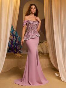 Glamrae Elegant Lotus Pink Luxury 3D Pearl Sequin Off-Shoulder Asymmetrical Novel 3D Waist Handmade Beaded Dangling Flounce Fish Tail Hem Dress, Suitable For Dates, Vacations, Singles Parties, Weddings, Women's Evening Gowns - Dusty Pink - View 6