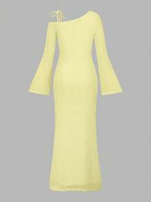 Rafferiza 欧美时尚修身针织连衣裙，性感露肩紧身长袖连衣裙超长女装 - 淡黃色 - 查看 7