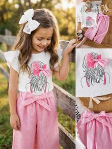SHEIN LMoss Kids 女童蝴蝶结装饰上衣和条纹裤套装 - 粉色 - 查看 2