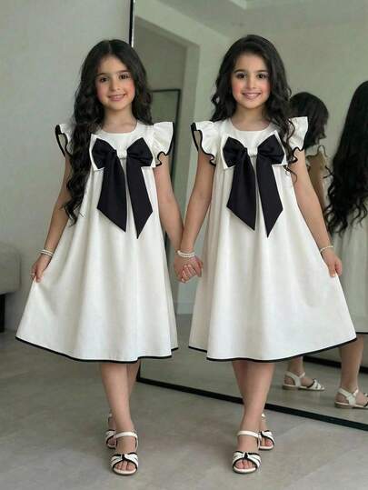 SHEIN Vestido sólido de línea A holgado con cuello de muñeca blanco, mangas de vuelo con lazo grande y cuello redondo elegante para niñas, estilo urbano elegante para ir y venir