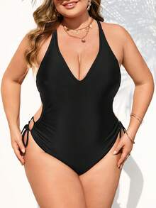 SHEIN CURVE+ 大码女士纯黑色连体泳衣，侧腰镂空系带设计，适合海滩和度假村穿着 - 黑色 - 查看 3