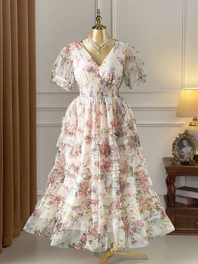 Rometta New Short Sleeve Cake Tulle Floral Dress, Suitable For Birthday Party, Afternoon Tea Gathering, Valentine's Date, Wedding, Evening Party