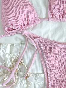 Swim Mod Conjunto de bikini con parte delantera anudada y espalda descubierta, estilo minimalista de unicolor para vacaciones en la playa - Rosa Pálido - Ver 5