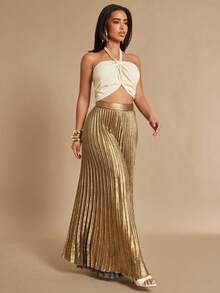 Silquee Women's Metallic Pleated Long Pants, Spring/Summer - Gold - View 6