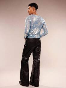 FeverCity 男士休闲时尚扎染印花薄纱长袖修身T恤，适合春、夏、秋季穿着 - 藍色 - 查看 6