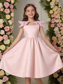 SHEIN Textured Fabric Flower Girl Dress With Bow Shoulder Decor, A-Line Silhouette, Short Length, Suitable For Weddings, Parties, Birthdays, Banquets - Pink - View 9