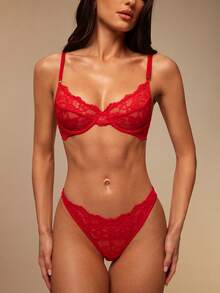 Silquee 花卉蕾絲鋼圈內衣套裝 - 紅色 - 查看 5