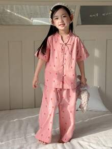 DAZY Conjunto de pijama de pantalón y blusa de manga corta con botones y estampado floral para niña, primavera-verano - Rosa - Ver 6