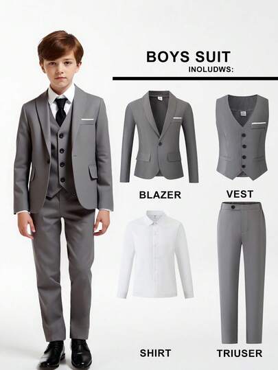 SHEIN Conjunto de traje elegante para niño preadolescente que incluye: chaqueta de manga larga de unicolor, chaleco de una hilera, camisa de manga larga con cuello y pantalones. Adecuado para cena, fiesta, anfitrión, actuación en el escenario, reunión, pasarela, bautizo, negocios, cumpleaños, boda, graduación y diversas ocasiones. Para uso en todas las estaciones, vuelta al colegio.