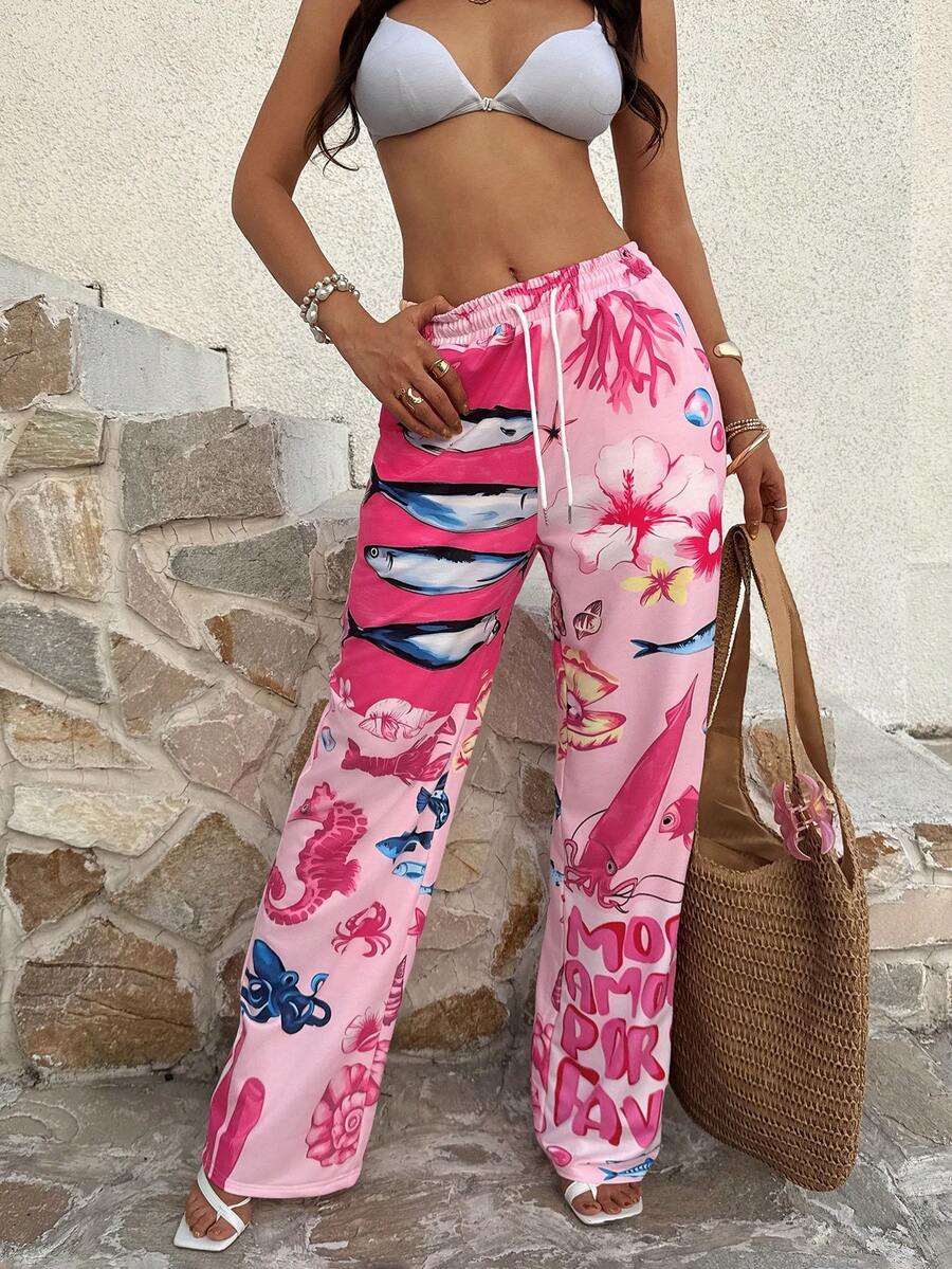 Sundraya Women's Ocean Life & Letter Print Elastic Waist Loose Wide Leg Pants, Suitable For Daily Wear, Commuting, Vacation And Island Trips - Multicolor - View 1