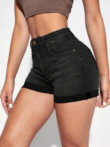 SHEIN Essnce Casual Washed Roll Edge Slim Fit Denim Shorts - Black - View 6