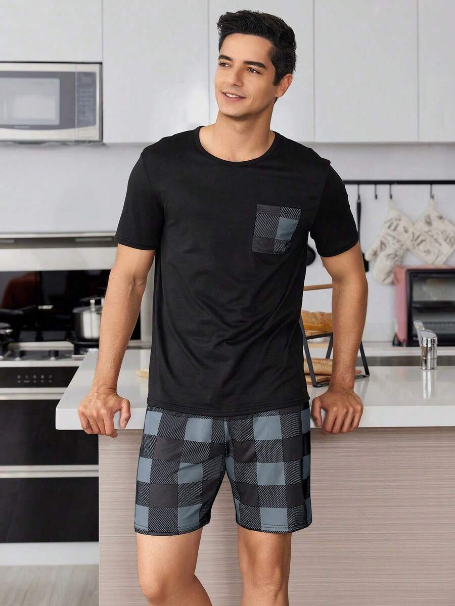 CoupledUp Men's Patchwork Pocket Shirt & Plaid Shorts Homewear Set - Black - View 1