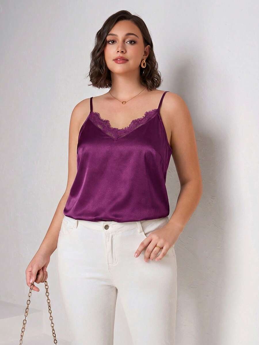 Chikora Plus Size Elegant Solid Color Lace Patchwork Camisole - Purple - View 1